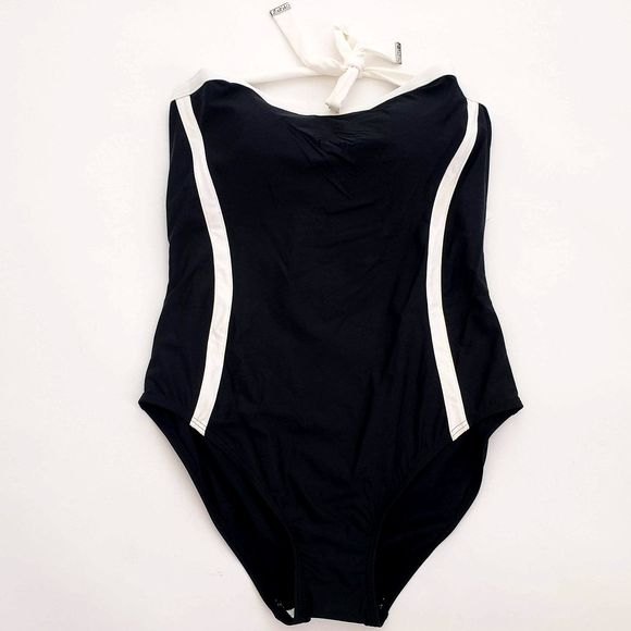 New DKNY Plus Size 16 One Piece Halter Swimsuit Black Whit Shelf Bra Compression - Picture 4 of 14